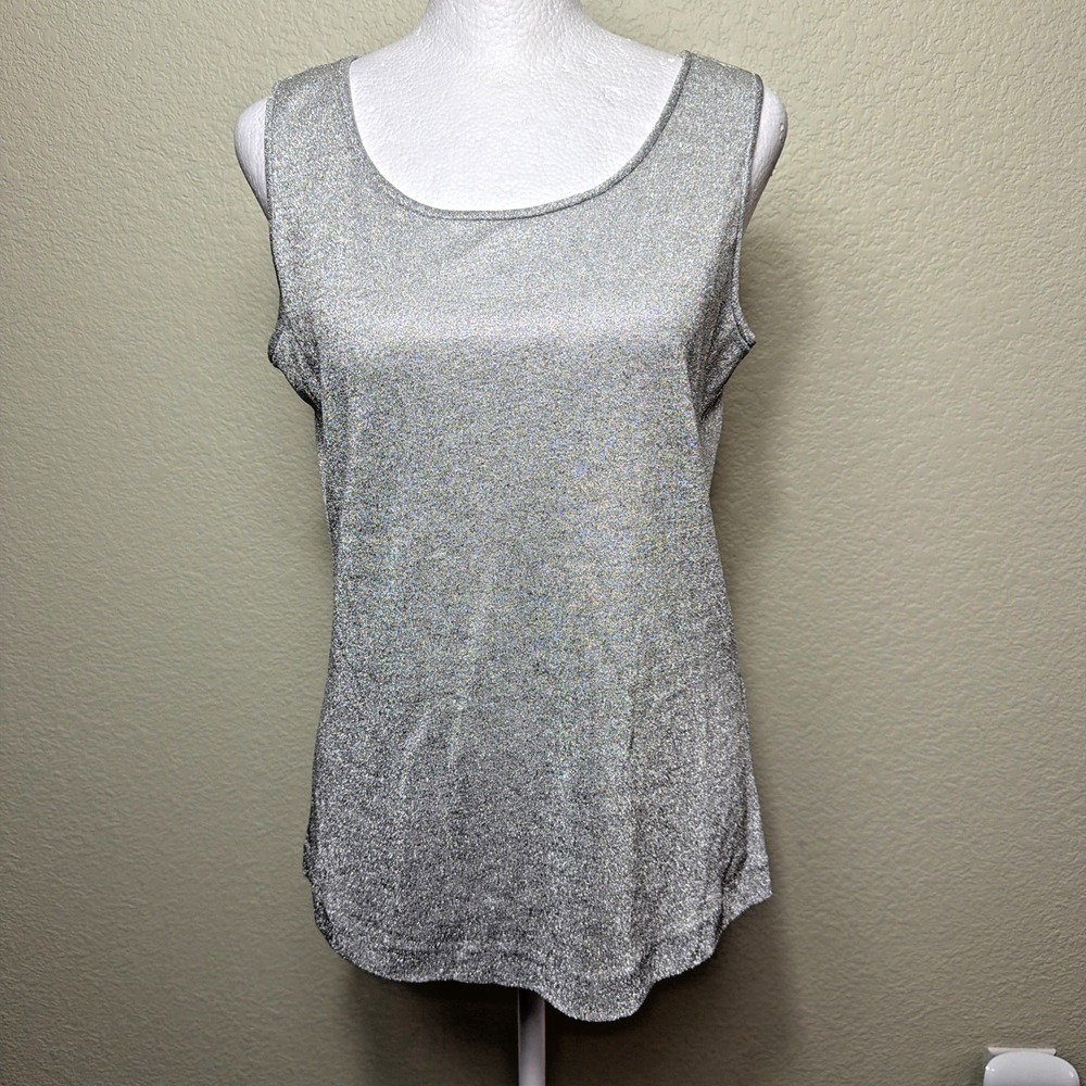 Tamotsu Tank Top Womens S Silver Lurex Metallic Knit Sleeveless Shell Blouse USA
